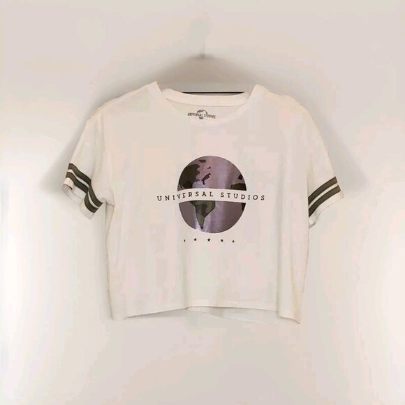 Universal Studios Tops - Universal Studios Women's Size Large Crop Top Ivory Green & Silver Globe Graphic